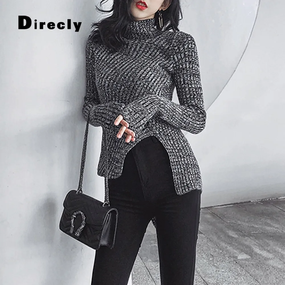 

Direcly mixed color turtleneck sweater female 2018 new ins fashion irregular split slim slimming long sleeve sweater women