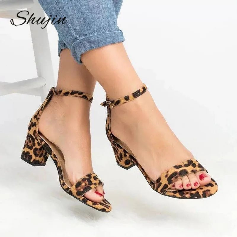 

2019 Ankle Strap Heels Sandals Leopard Print Women Summer Shoes Open Toe Chunky High Heels Party Dress Sandals Women Pumps #New