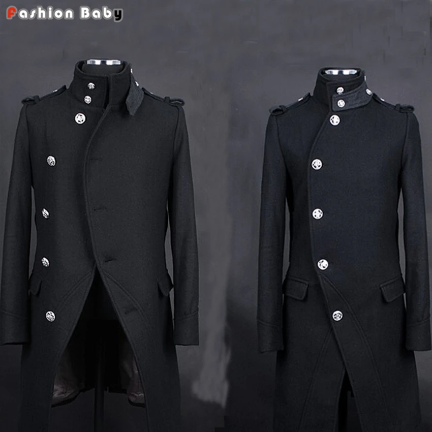 Cool Men's Fashion Patchwork Collar Epaulet Long Woolen Trench Coat