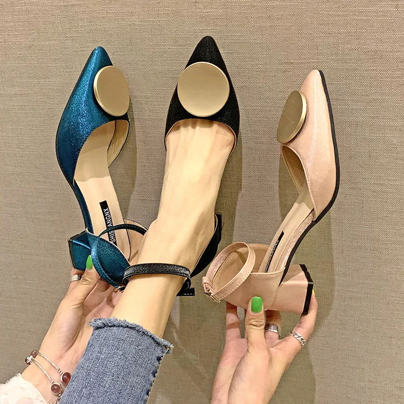 

VTOTA Women Ankle-Wrap Shoes 2019 Summer Sandals Women Square Heel Sandals Party Wedding Shoes Cover Heel Metal High Heels Shoes