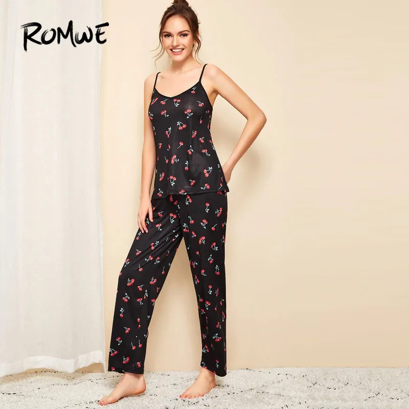 ROMWE, повседневная женская пижама с принтом вишни, летний пижамный комплект без рукавов на бретельках, милая одежда для сна, женские длинные штаны, пижамный комплект