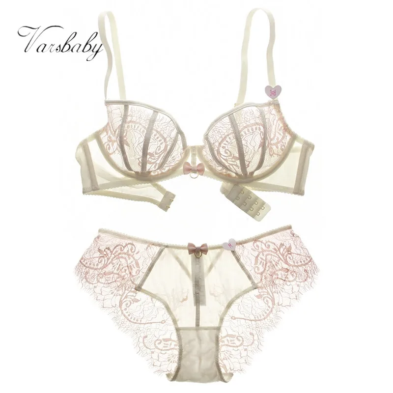 Varsbaby Women Sexy Mesh Lace Eyelash Full Lace Ultra Thin Transparent Bra Sets