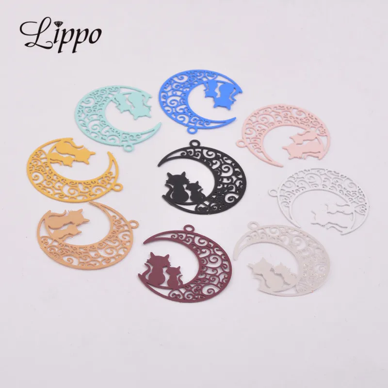 

50pcs AC6189 Brass Filigree Moon and Cat Charms Black Cats Pendants Connectors fermoirs pour fabrication bijoux