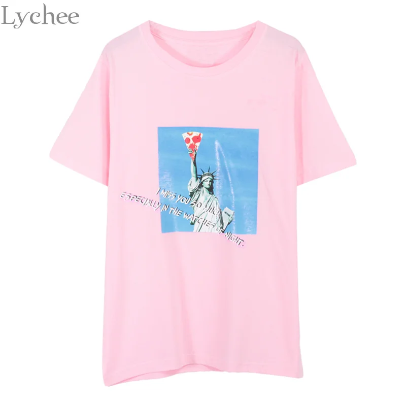 

Lychee Summer Women T-shirt The Goddess Of Freedom Print Short Sleeve Casual Loose T Shirt Tee Top F