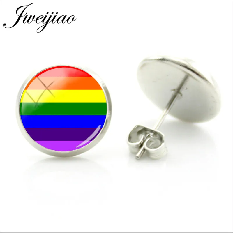 JWEIJIAO, радужные серьги-гвоздики LGBT, стеклянное изображение cabochon для женщин и мужчин, металлические серьги, ювелирное изделие, подарок BT08