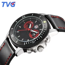 TVG 2016 mens watches top brand luxury leather quartz analog watch water resistant stainless steel dial sports casual for men