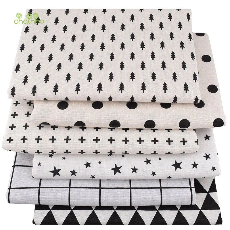 Chainho,6pcs/Lot,Black&White Series,Patchwork Printed Cotton Linen Fabric,For DIY Quilting&Sewing Placemat,Bags Material,25x45cm