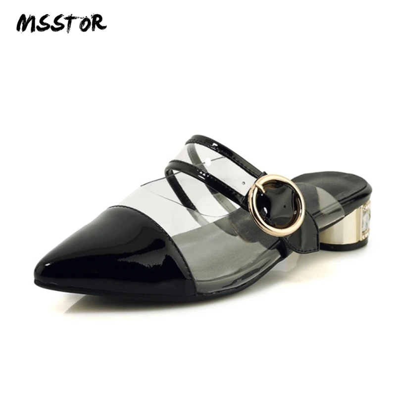 

MSSTOR Transparent Women Mules Buckle Strap Hollow Genuine Leather Round Heel Summer Slippers Pointed Toe Slippers For Women