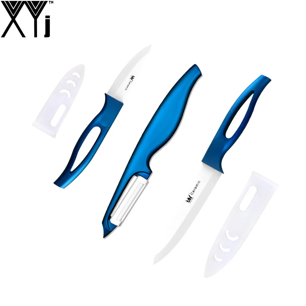 Керамический нож, 3 дюйма, нож для очистки овощей, 5 дюймов, нож для нарезки, Один острый синий нож и две белые крышки, набор кухонных ножей XYJ Brand