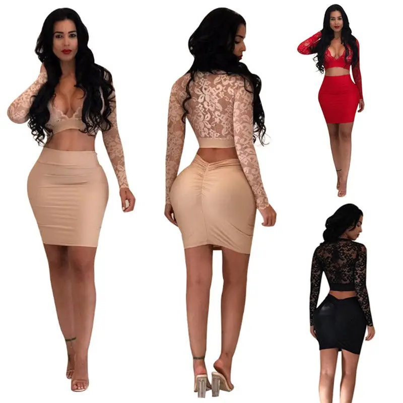 

2018 Summer New Style Solid Hollow Out Fashion Women's Bodycon Party Cocktail Dress Pencil Lace MiniSets