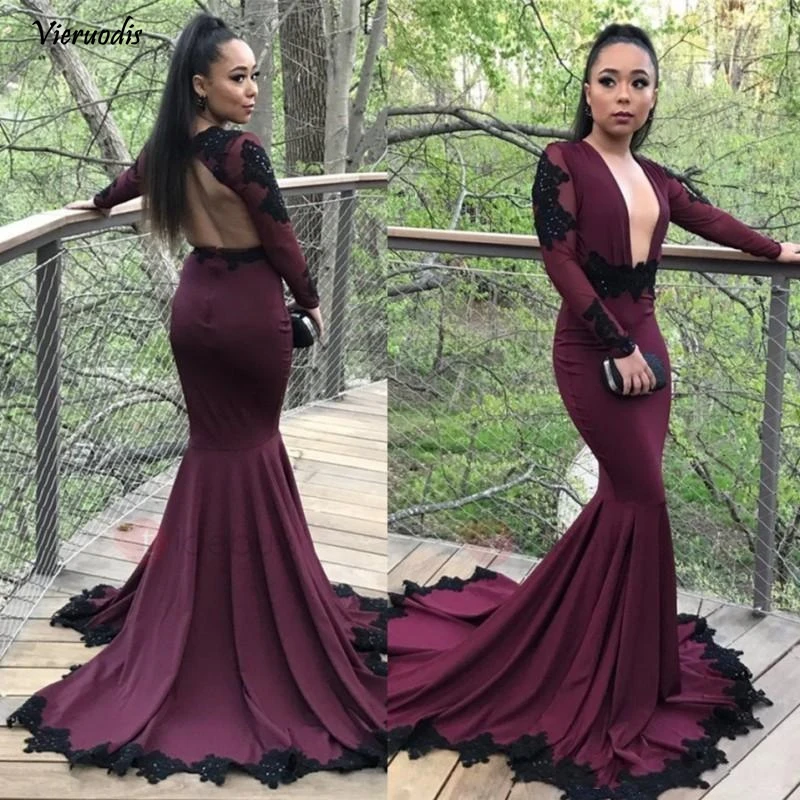 112-1              2018 Deep V Neck Burgundy Mermaid Prom Dresses Sweep Train Black Appliques Long Sleeves Backless Evening Dresses Beaded Cheap Party Dresses