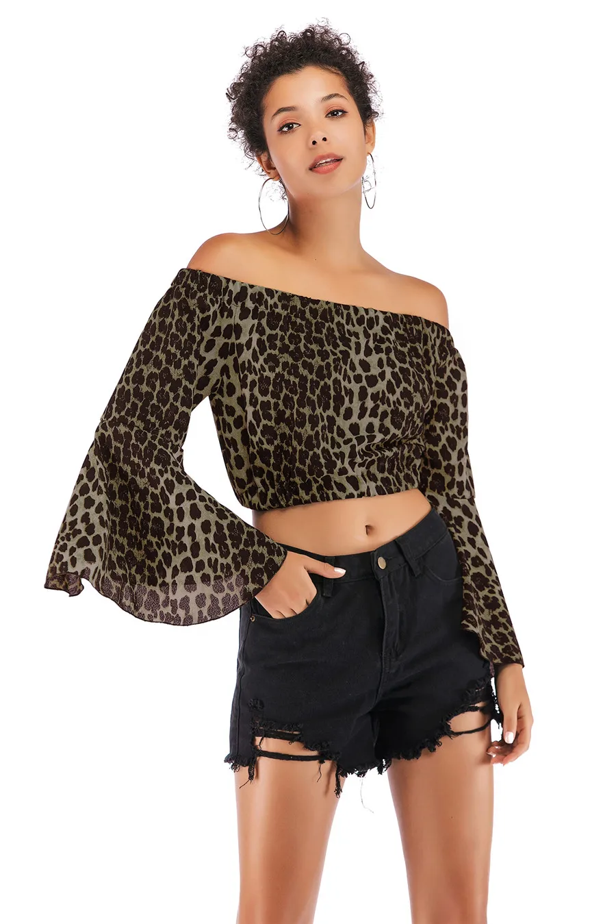 Gladiolus Off Shoulder Spring Autumn Blouse Women 2019 Flare Sleeve Sexy Leopard Print Crop Top Shirt Women Blouses Ladies Tops (22)