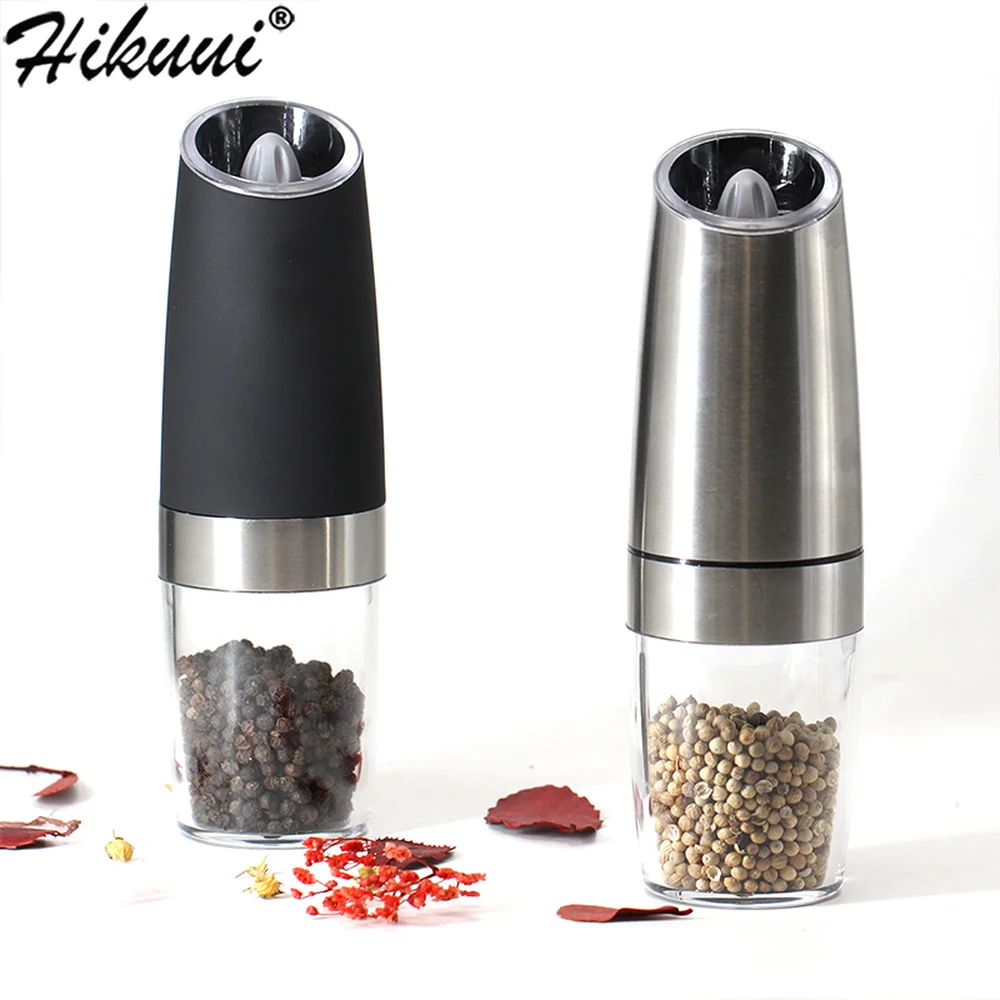 

2Pcs Gravity Electric Salt And Pepper Grinder Automatic Pepper Mill LED Light Spice Herb Battery Kitchen Gadgets Black and Slive