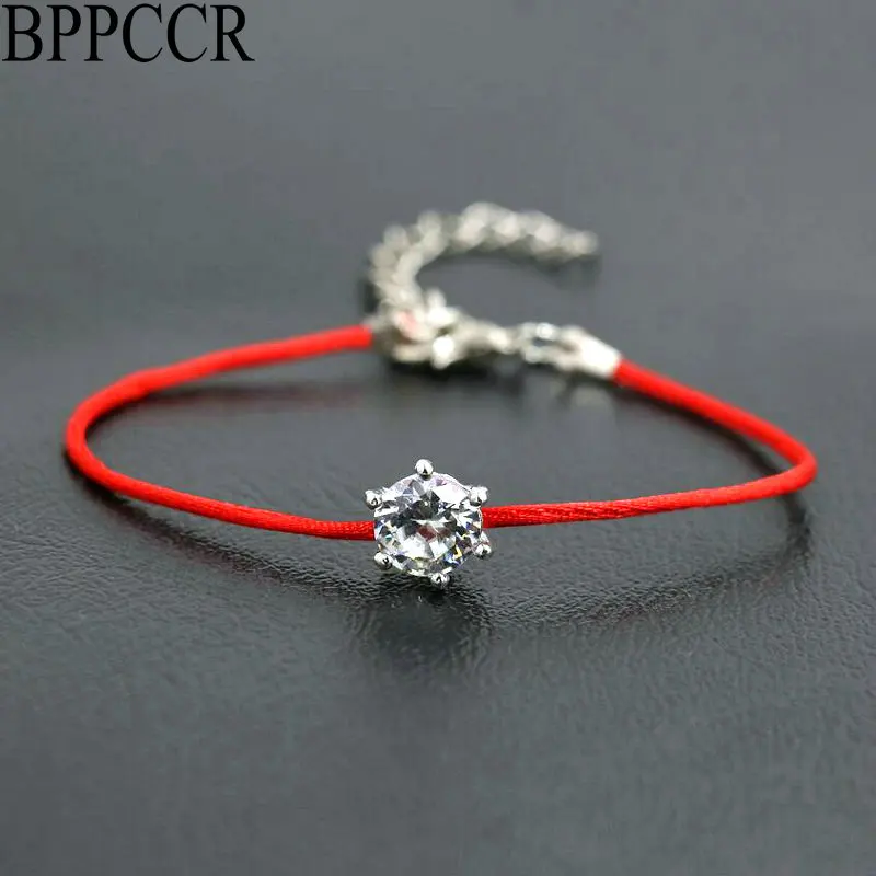 

BPPCCR Thin Red Rope Thread String Bracelets Women Girls Silver Color Austrian Crystals AAA Zircon Lucky Charm Bracelet Pulsears