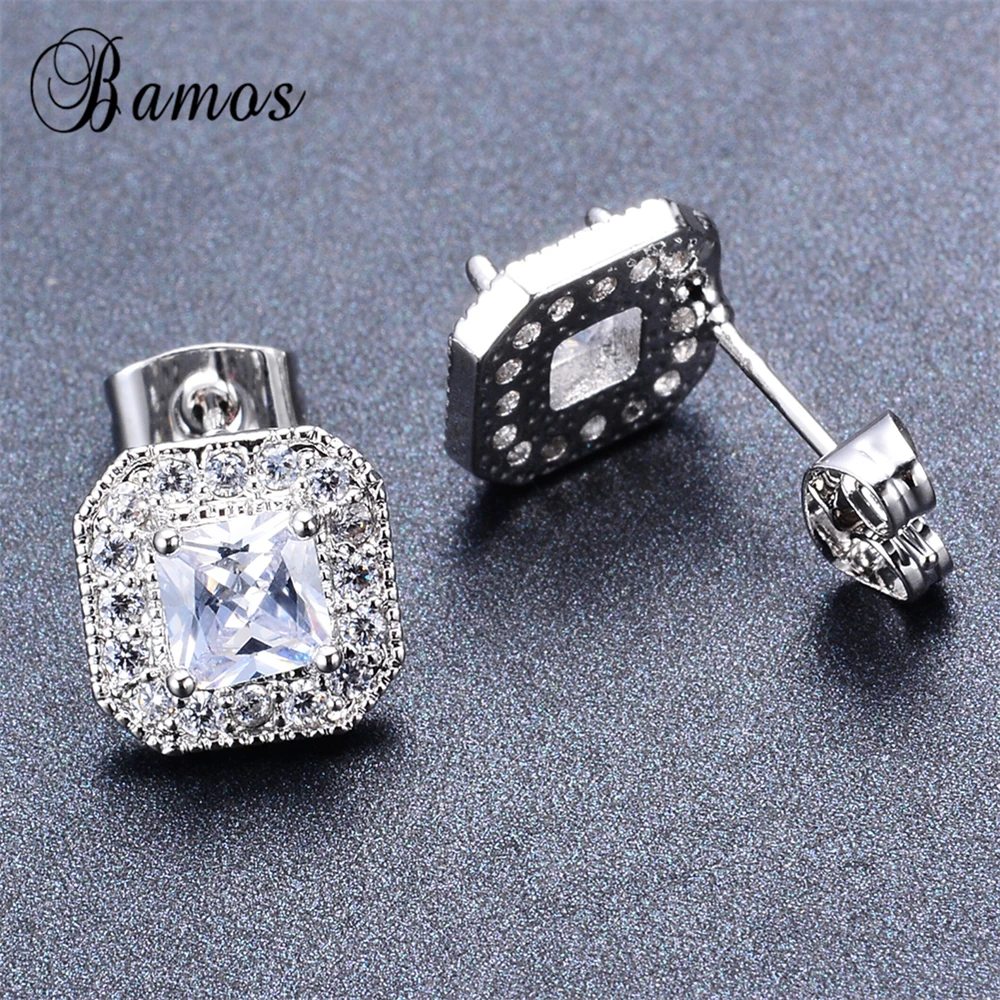 Bamos, женские белые геометрические серьги-гвоздики с AAA цирконием, 925 пробы, заполненные серебром, Двойные серьги для женщин, модное ювелирное изделие