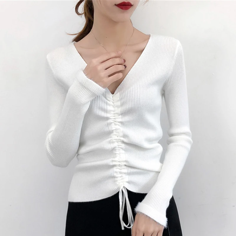 2018 Fall Fashion Sweater Women Korean Solid V-Neck Drawstring Knitted Casual Long Sleeve Pullover Tops Womens Clothes | Женская одежда