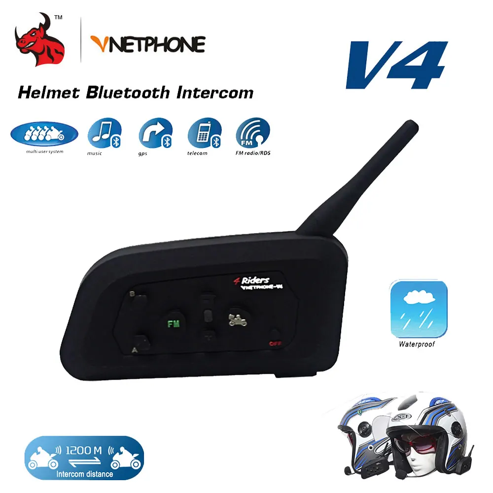 VNETPHONE 1200 м BT мотоциклетный шлем Bluetooth гарнитура переговорные 4 всадников полностью дуплекс беспроводной связь домофон