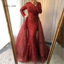 

CRYSTAL JIANG High Neck Wine Red Lace Custom made Muslim Long Sleeves Mermaid Formal Evening Dresses 2018