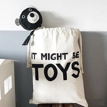 

White Cartoon Laundry Bag 1pc Canvas Panda Letter Design Toy Washing Clothes Storage Basket Bag Hang Drawstring Laundry Hamper