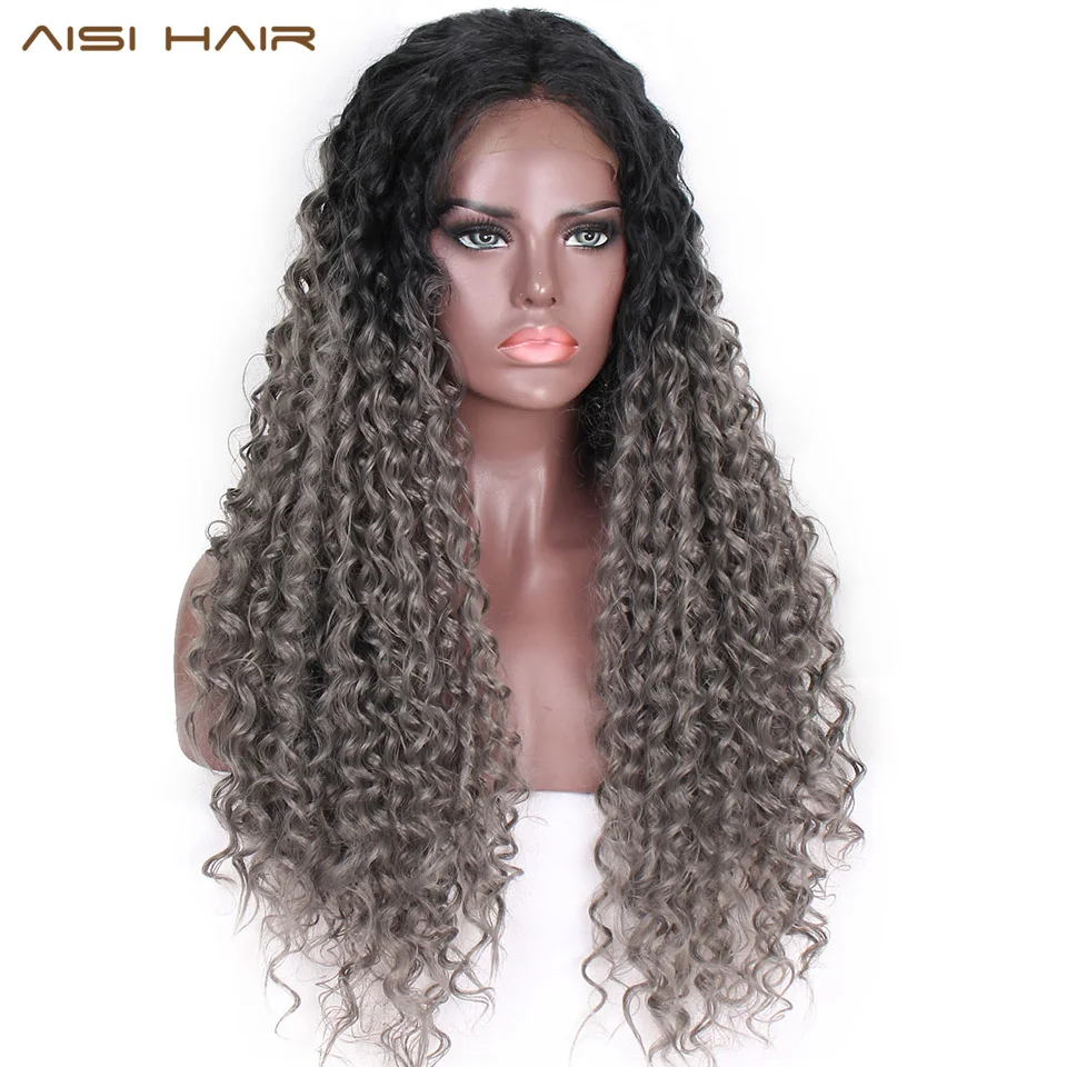 AISI HAAR 18 zoll Synthetic Lace Front Perücken für Frauen Schwarz Ombre Grau Gelockt Langes Haar
