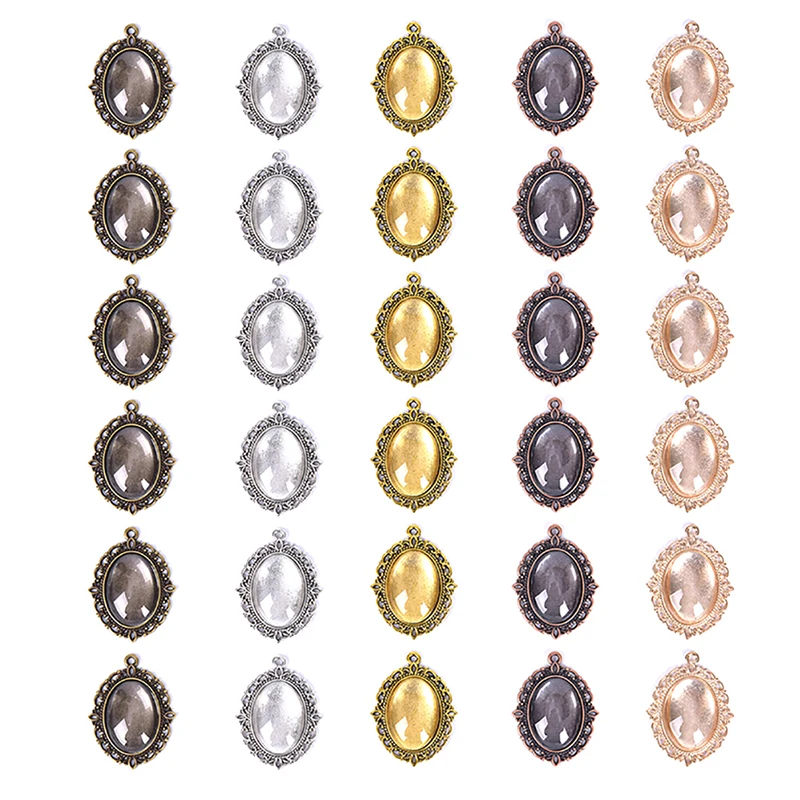 60Pcs Round Pendant Tray With Glass Cabochons Base Cabochon Frame Dome Setting For Vintage Necklace 5 Colors | Украшения и