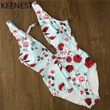 KEENEST Винтажный сдельный купальник, Сексуальный Бандаж с принтом, женский купальник с глубоким v-образным вырезом и открытой спиной