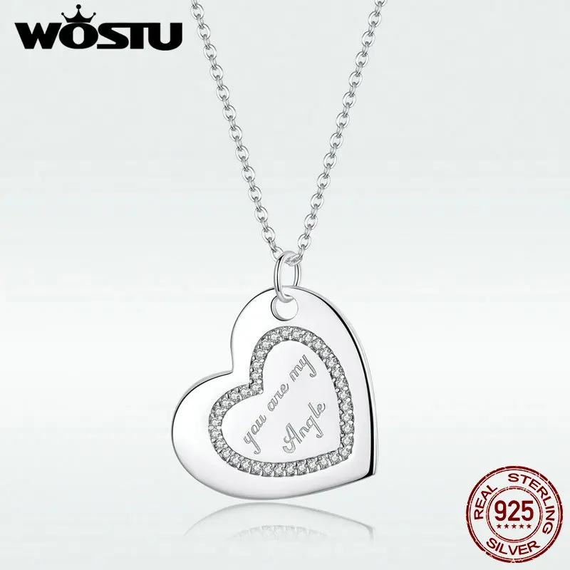 

WOSTU Authentic 925 Sterling Silver Love Words Necklace For Lover Hot Sale Love Heart Shape Necklace Engagement Gift DAN060