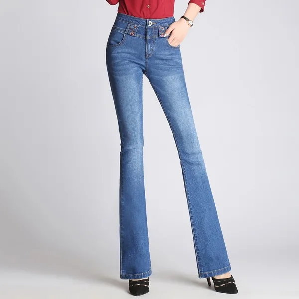 New Women Flared Jeans High Waist Elegant Retro Style Bell Bottom Skinny Denim Pants Female Sexy Casual Wide Leg Jeans - Цвет: Небесно-голубой