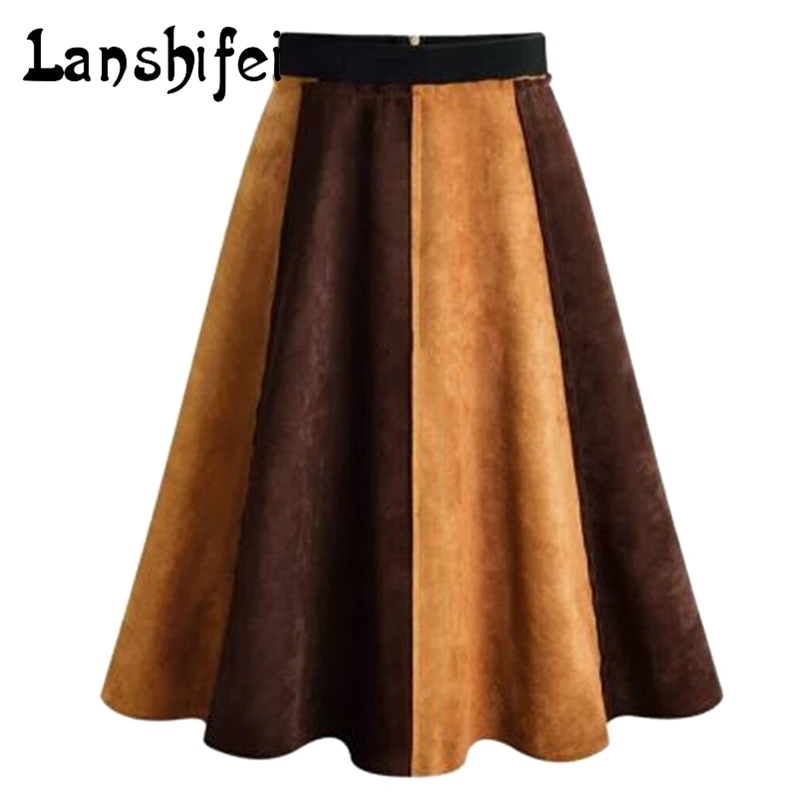 

Patchwork Suede Skirts High Waist slim A-line Skirt Fashion 2017 Autumn Spring Retro Knee-length Skirt Color Block A-Line Skirt