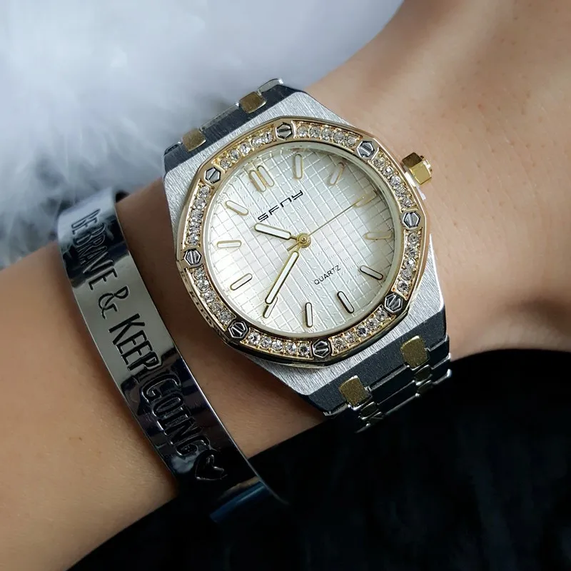 SFNY женские модные повседневные кварцевые часы, полированные часы из нержавеющей стали для женщин часы люксовый бренд граненый хрусталь часы