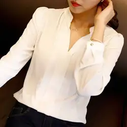 Новые модные женские туфли белая блузка, элегантные блузки с v-образным вырезом с длинным рукавом офисные рубашки дамы X2