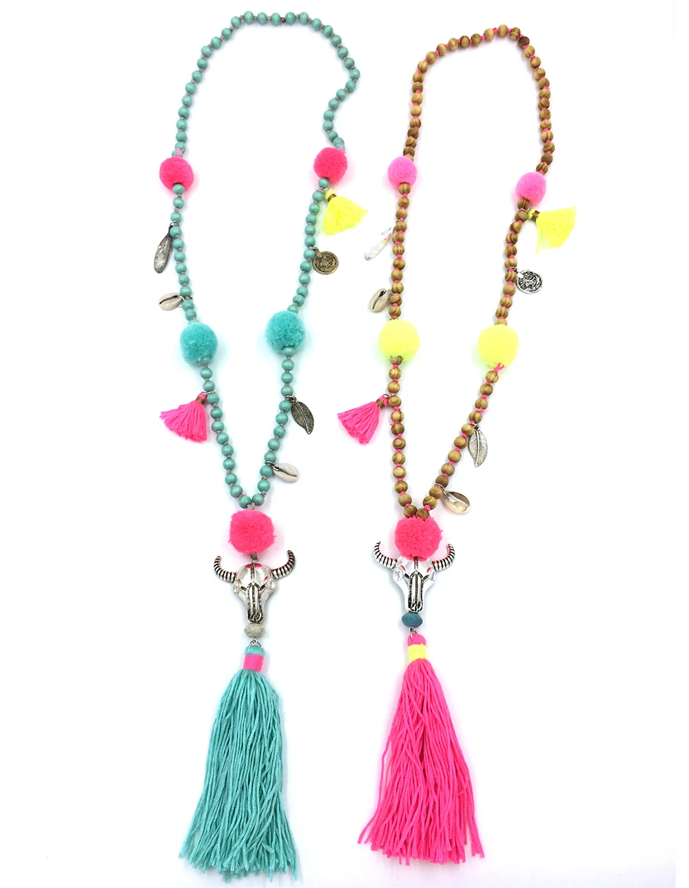 Boho buffalo head skull Tauren pendants necklace Pink Cotton Tassel beades chain long Necklace pompoms charm pendants necklace