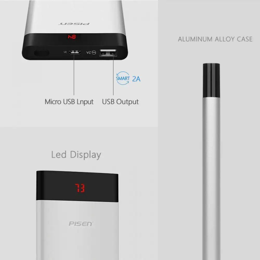 PISEN 10000 мАч внешний аккумулятор портативный светодио дный индикатор USB power Bank