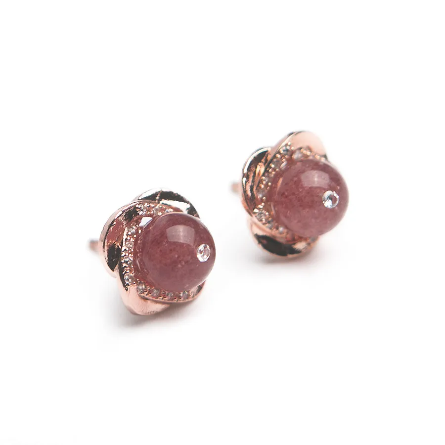 

Genuine Natural Strawberry Quartz Crystal Round Stone Bead Women Charm Stering Sliver Stud Earring 7mm