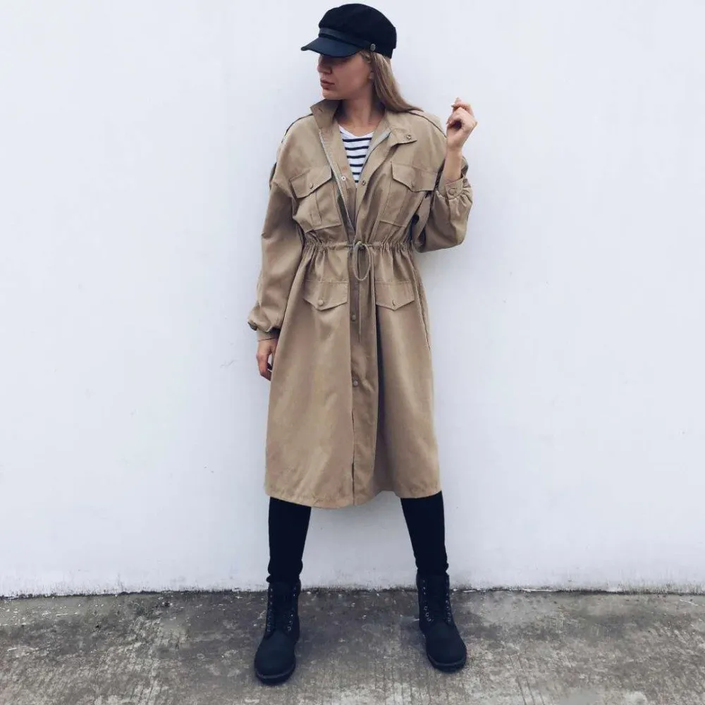 

Spring Fall New Solid Long Trench Turn-Down Collar Casual Lantern Long Sleeve Outerwear Pockets Lace Up Belt Loose Coat