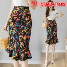 Сексуальные женские юбки длиной до колена с принтом и оборками, большие размеры 4XL 5XL, юбка-годе, женские сексуальные юбки до колена