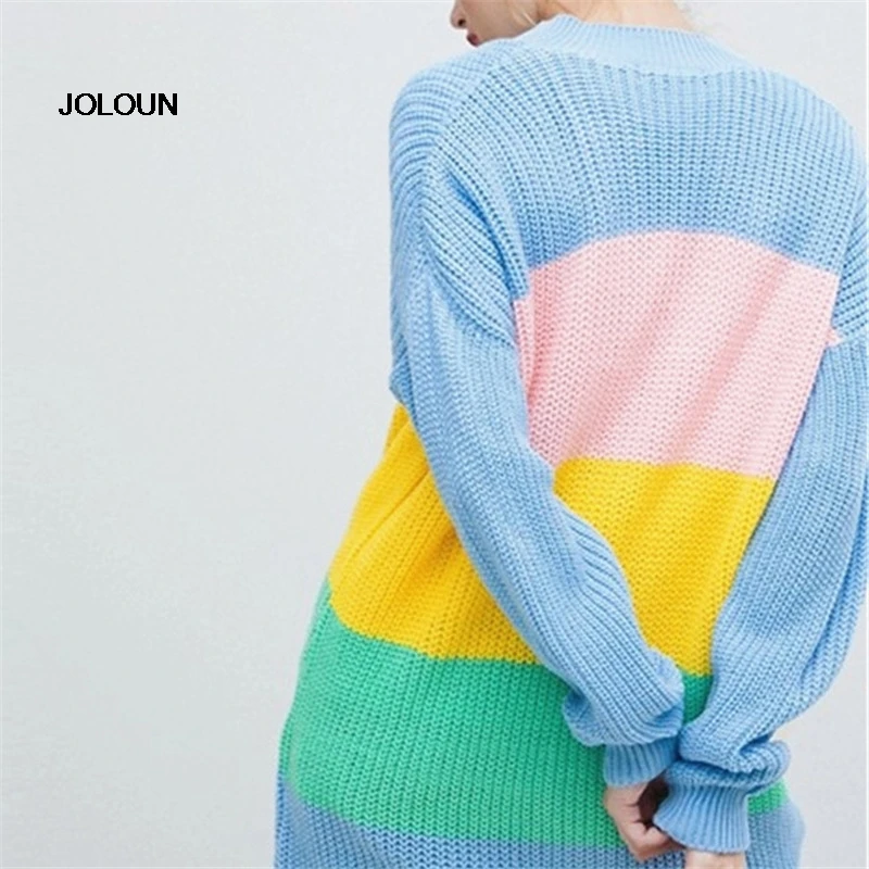 Colouful Stripe Long Cardigan Women Knitted Sweater Casaco Feminino Chaqueta Mujer Winter Streetwear Maglioni Donna Sueter