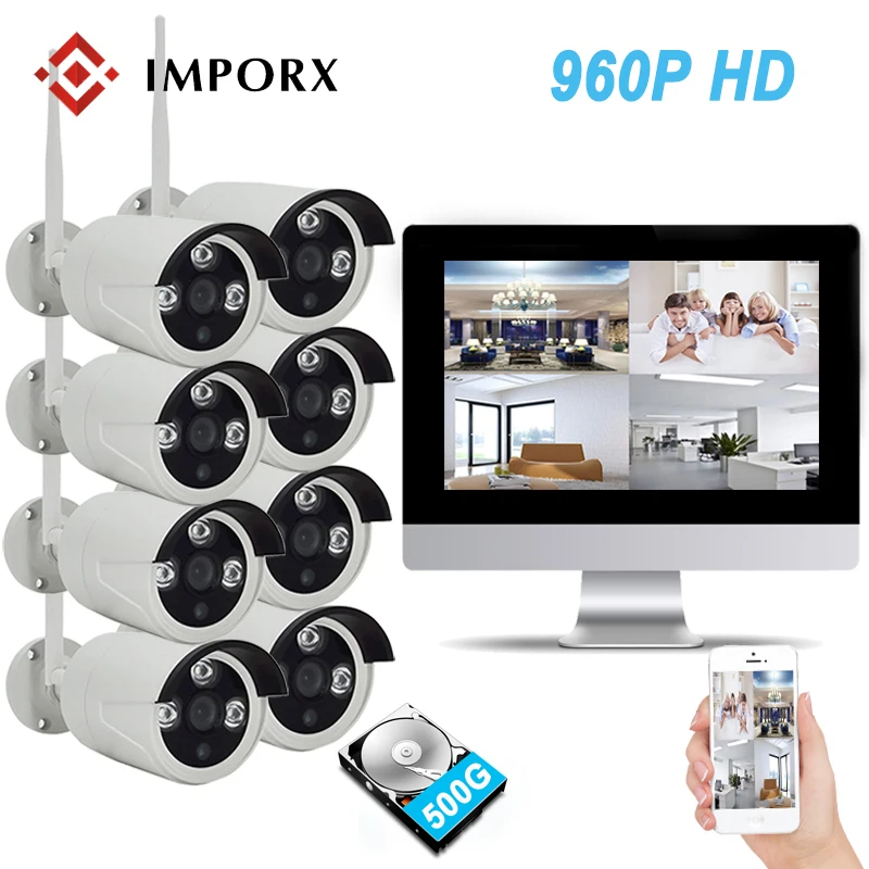 

8CH 13" LCD Monitor Screen 960P Wireless NVR Kit Wifi CCTV System 1.3MP IP Camera Outdoor P2P Video Security Surveillance Kit