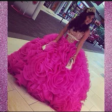 Пышное платье ярко розовый бальное платье из органзы сшитое из бисера блестящие кристалл оборками Vestido дебютантка Q1084