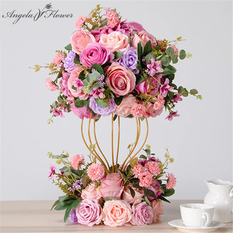 

Luxury custom wedding decor dining table flower ball centerpieces Road cited peony rose flowers + gold iron flower stand 2 sets