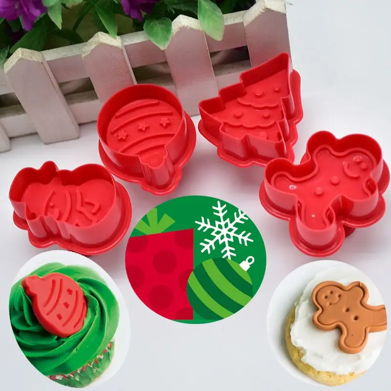 4 шт., штамповка, форма для печенья, 3D, Плунжер для печенья, для украшения кондитерских изделий, сделай сам, форма для выпечки, инструмент для выпечки, Рождественская елка, снеговик