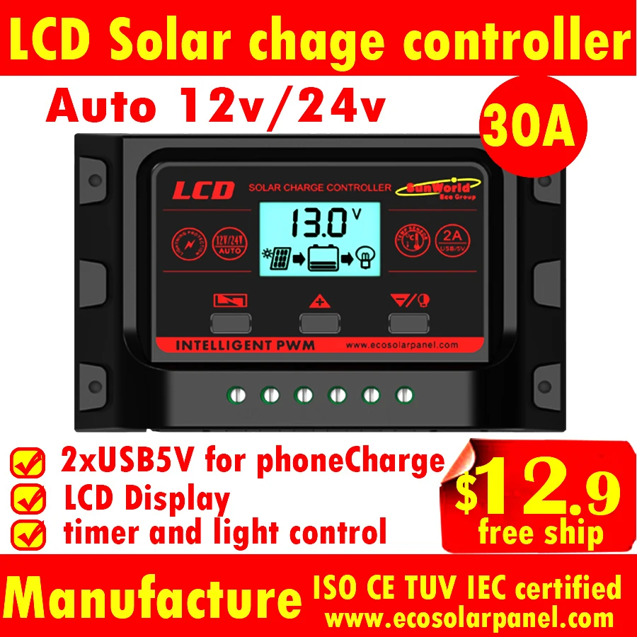 10a 20a 30a Lcd Solar Charge Controllers 12v/24v Auto For 12v Battery