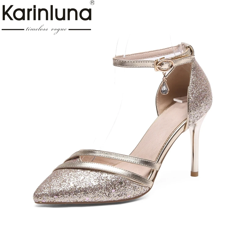

KarinLuna 2018 large size 33-44 buckle strap pointed toe thin high Heels women shoes woman pink Party wedding Pump