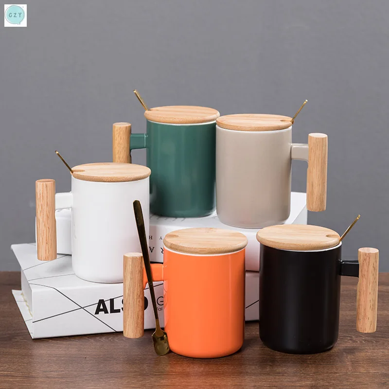

Simple Nordic Mug Creative Wooden Handle Ceramic Coffee Cup Home Office Cup Glass Colorful Gift