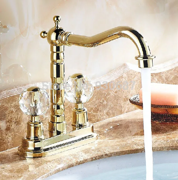 

Gold Plated Basin Faucet Dual Crystal Handles Deck Mounted Mixer Tap