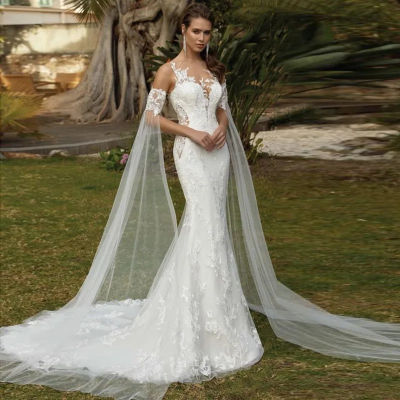 

Eightale Mermaid Wedding Dresses with Detachable Sleeves O-Neck Lace Bridal Dress Illusion Back Wedding Gowns vestidos de noiva