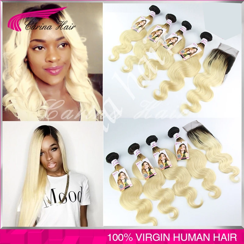 Top Quality Ombre Brazilian Blonde Hair 4pcs with closure body wave 613 blonde virgin hair extensions free shipping 613 hair