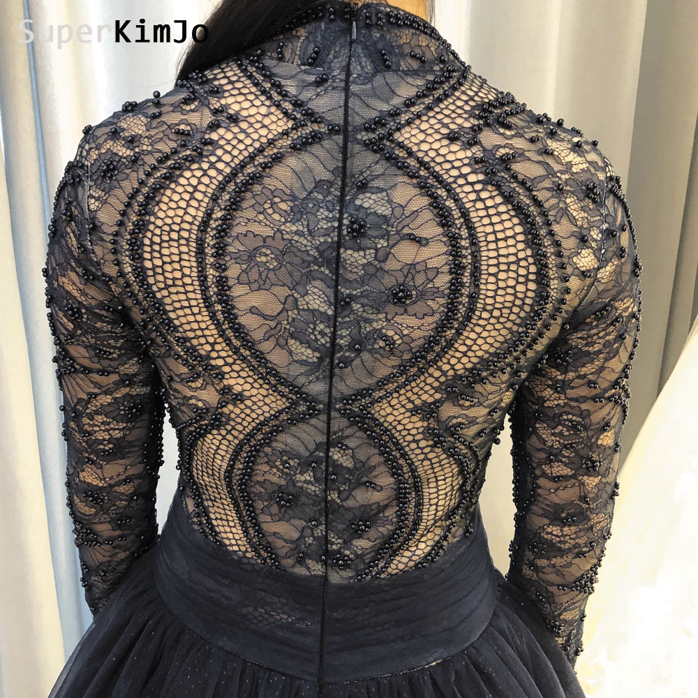 SuperKimJo vestido de festa Longo элегантные платья для выпускного вечера с Длинным Рукавом Кружевная аппликация с бисером, темно-синее платье для выпускного вечера Vestido De Gala