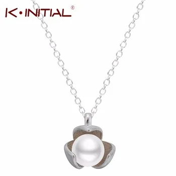 1Pcs 925 sterling silver Imitation Pearl Flowers Necklaces & Pendants Flower Necklace Elegant Lady Allergy Jewelry Bijoux Femme