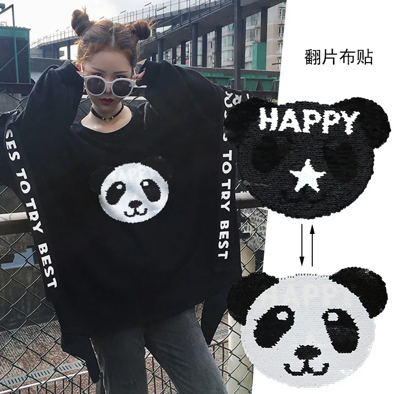 

GUGUTREE embroidery Sequins big panda patches animal patches badges applique patches for clothing XC-7